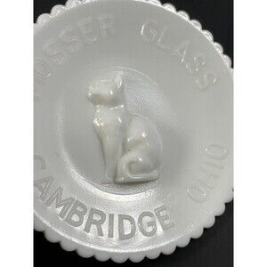 Mosser Glass Cambridge Ohio Cat Plate Milk Glass White 3.5” Vintage